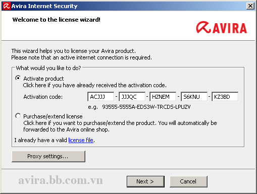 Cửa sổ "Avira License Management" nhập mã key vào phần "Activate code" rồi bấm "Next"