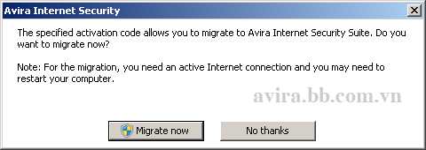 Avira hỏi có nâng cấp không, hãy bấm nút "Migrate now" để tiến hành nâng cấp
