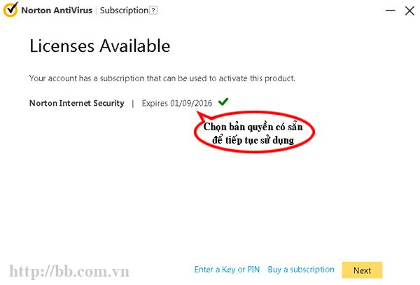 Chọn bản quyền Norton cũ để tiếp tục sử dụng