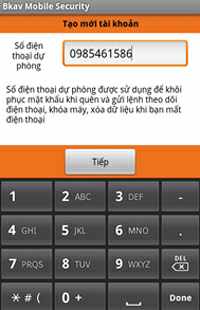 Thiết lập số điện thoại dự phòng cho Bkav Mobile Security