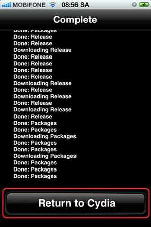 Chờ một thời gian, để nút "Return Cydia" xuất hiện và bấm vào đó