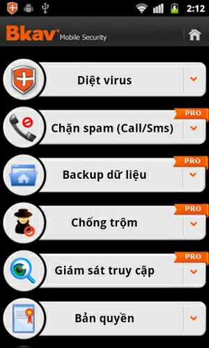 Màn hình chính của Bkav Mobile Security