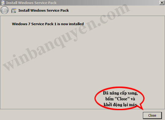 Nâng cấp hoàn thành "Windows 7 Spervice Pack 1 is now installed"