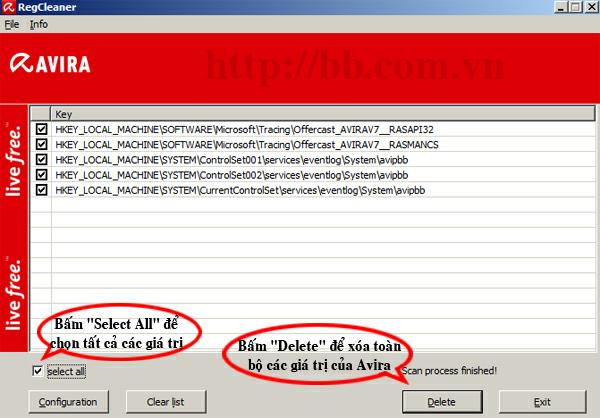 Dùng RegCleaner để xóa hết các giá trị Registry của Avira