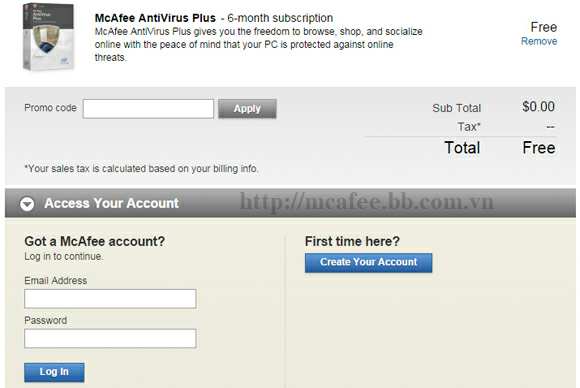 Bấm "Create Your Account" để tạo tài khoản người dùng của McAfee