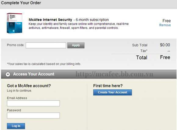 Thông tin đặt hàng McAfee Internet Security miễn phí 06 tháng