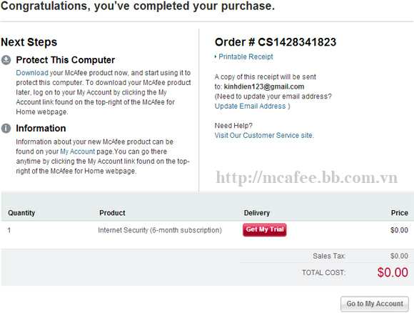 Bấm vào nút "Get My Trial" để vào phần Download McAfee
