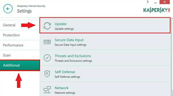 Chọn mục "Bổ xung" (Additional) rồi chọn "Cập nhật" (Update) Kaspersky