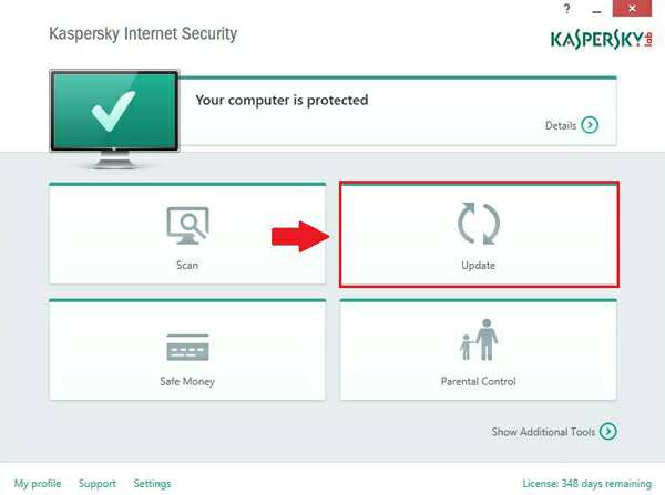 Chọn "Cập nhật" (Update) để tiến hành cập nhật Kaspersky