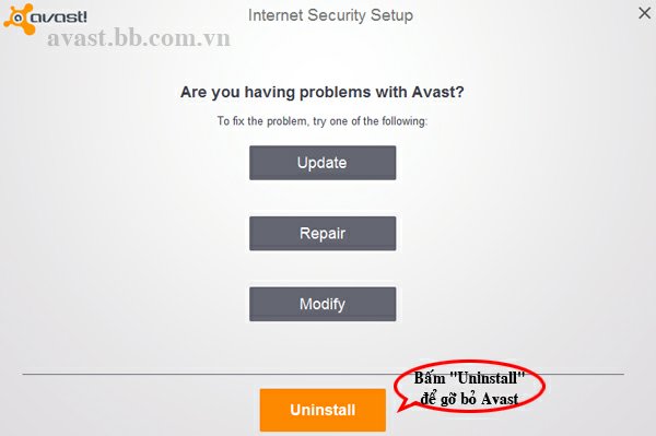 Bấm nút "Uninstall" để gỡ bỏ phần mềm Avast