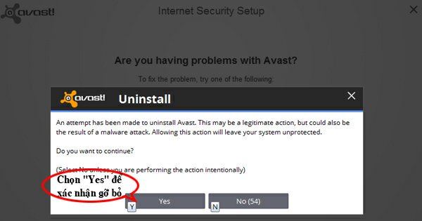 Bấm nút "Yes" để xác nhận muốn gỡ bỏ Avast