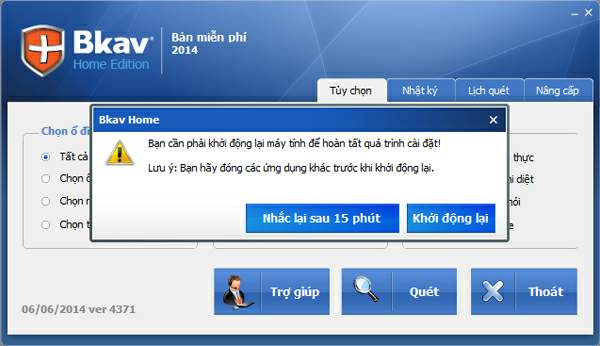 Khởi động lại máy để hoàn thành cài đặt Bkav Home