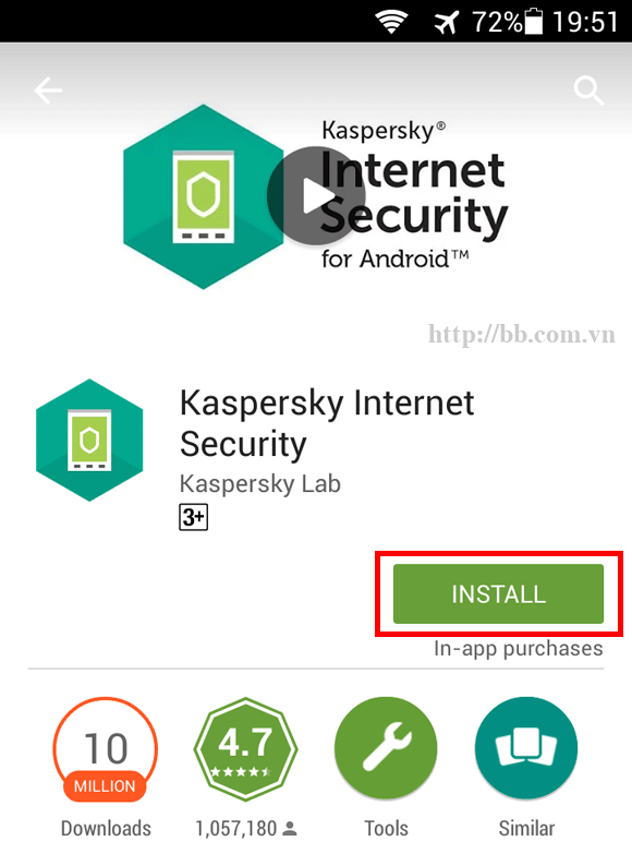 Bấm vào nút "Install" để cài đặt ứng dụng Kaspersky