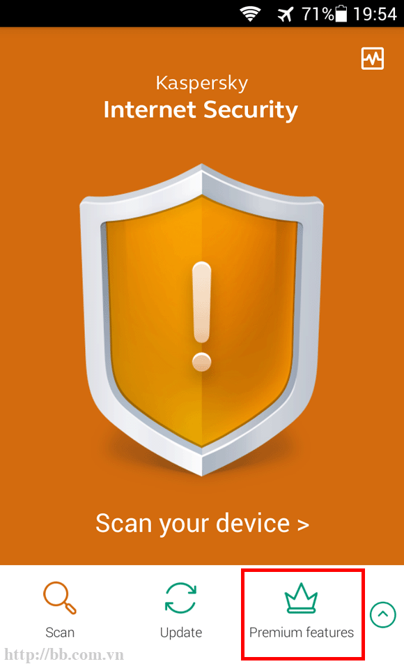 Bấm vào biểu tượng "Premium features" trên màn hình ứng dụng Kaspersky