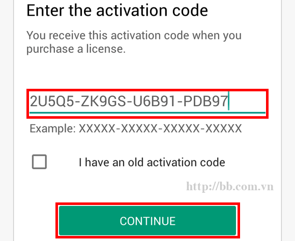 Nhập mã bản quyền của bạn gồm 20 ký tự vào rồi bấm nút "Continue"