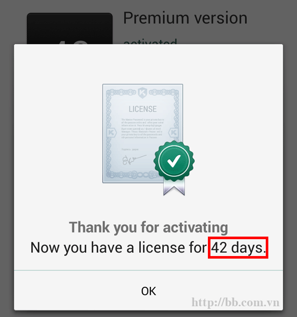 Thông báo kích hoạt thành công và số ngày sử dụng bản quyền