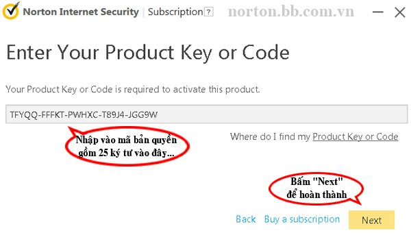 Nhập mã bản quyền Norton vào rồi bấm "Next" để kích hoạt