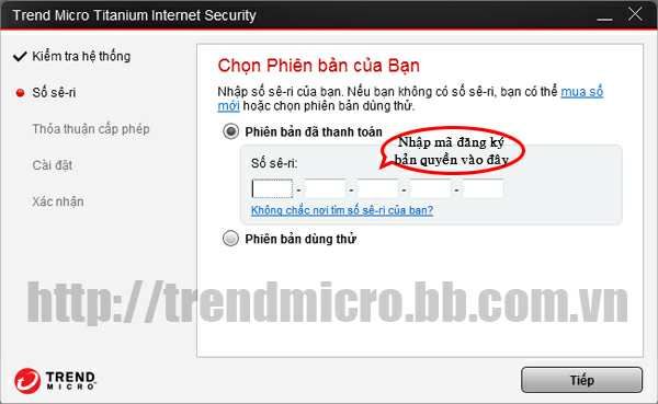 Nhập mã bản quyền của Trendmicro gồm 20 ký tự