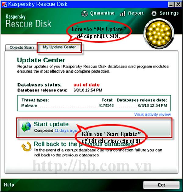 Bấm "Start Update" để Kaspersky Rescue Disk cập nhật CSDL