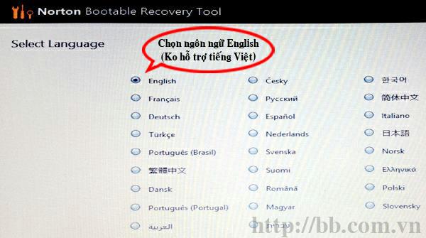 Chọn ngôn ngữ tiếng Anh cho Norton Bootable Recovery