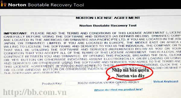 Nhập mã bản quyền và bấm "I Agree" để đồng ý sử dụng Norton Bootable Recovery Tool