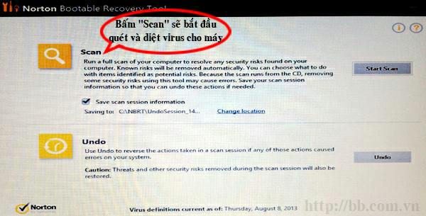 Bấm vào nút "Start Scan" để Norton bắt đầu quét và diệt sạch virus trên ổ cứng của máy tính