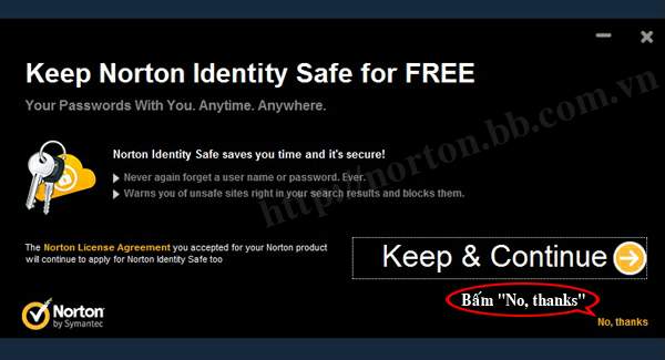 Chọn "No, thanks" để xác nhận xóa bỏ Norton Identity Safe