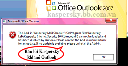 Báo lỗi Add-in "Kaspersky Mail Checker khi mở Microsoft Outlook