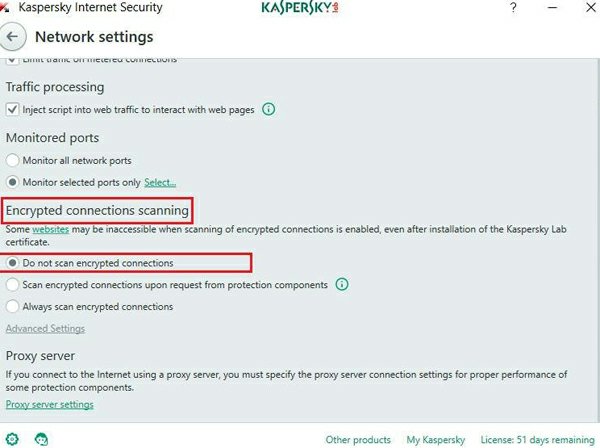 Tắt tính năng quét kết nối đã được mã hóa của Kaspersky (tiếng Anh)