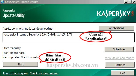 Trên cửa sổ "Kaspersky Update Utility" bấm nút "Applications" để chọn phiên bản