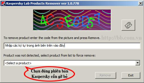 Chọn đúng phiên bản Kaspersky rồi bấm "Remove" để gỡ bỏ