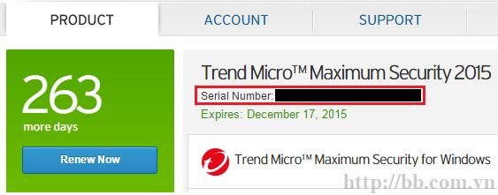 Thông tin bản quyền từ tài khoản Trend Micro