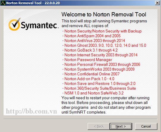 Cửa sổ giới thiệu Norton Removal Tool
