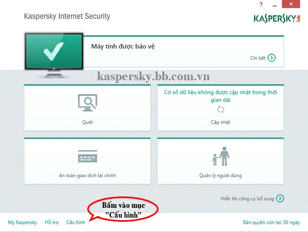 Chọn mục "Cấu hình" để vào phần thiết lập Cấu hình của Kaspersky