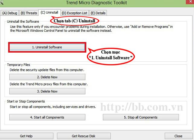 Cửa sổ "Trend Micro Diagnostic Toolkit" cho phép gỡ bỏ phần mềm