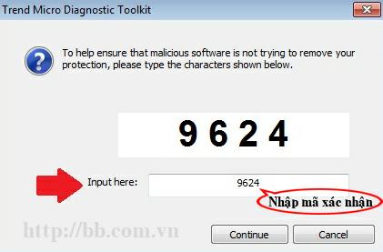 Nhập vào mã xác nhận gồm 4 ký tự ngẫu nhiên để gỡ bỏ Trend Micro