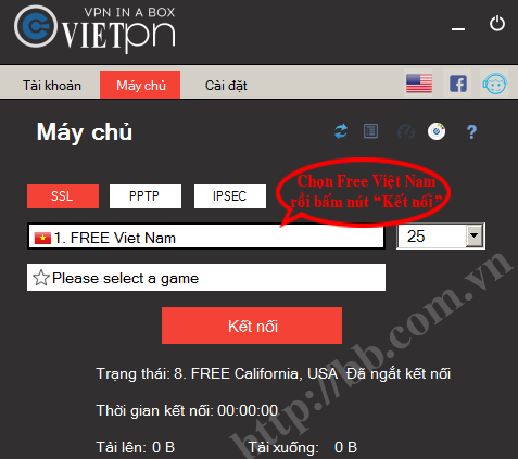 Chọn máy chủ Free Việt Nam bất kỳ rồi bấm "Kết nối"